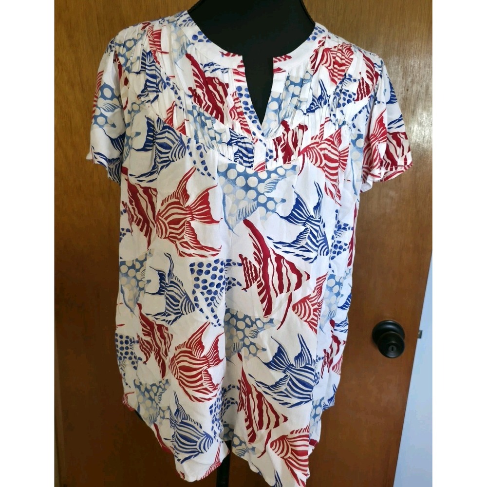 LOFT Petites Fish Print Blouse Large Petite Blue Red White V Neck Short Sleeve